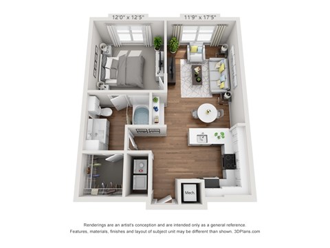 Floor plan for 1 bed, 1 bath, 733 sqft
